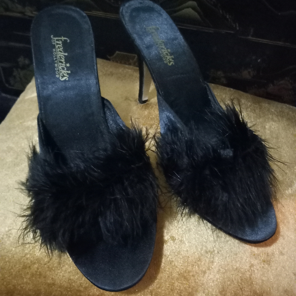 FREDRICKS OF HOLLYWOOD satin heels feathers